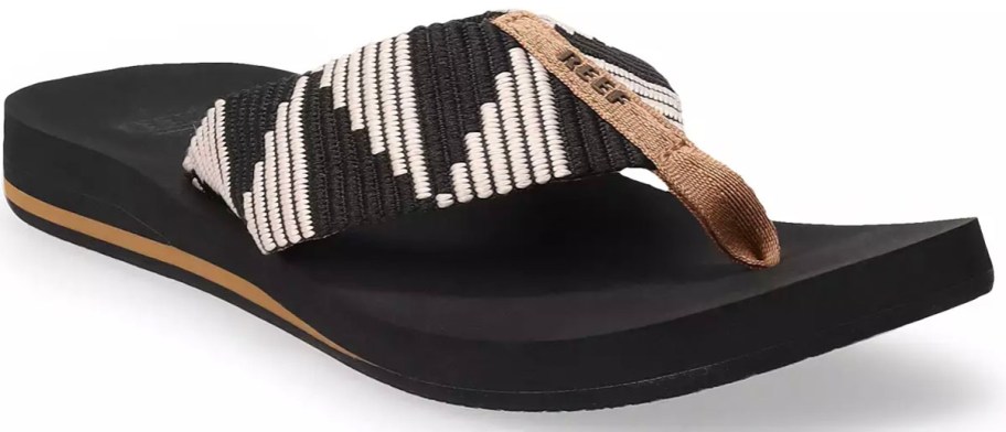 black and white woven reef flip flop sandal
