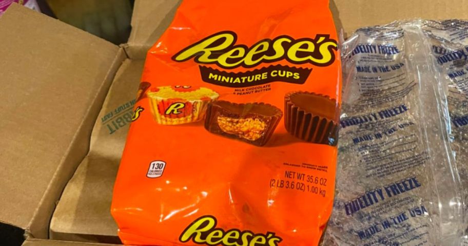 bag of mini reeses's cup in boxwith ice pack