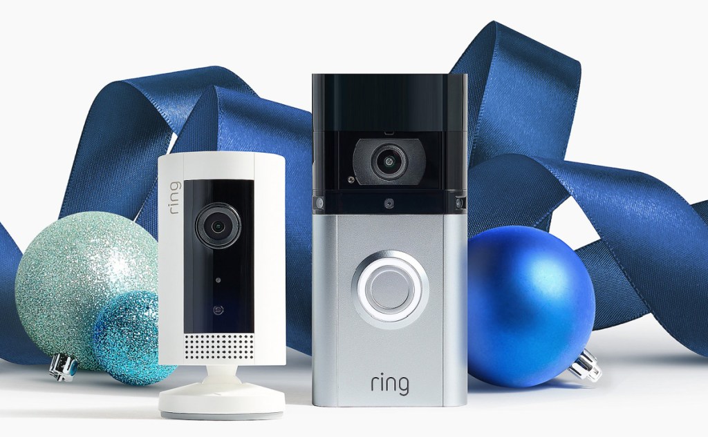 ring doorbell and ring at home video with blue ribbon and ornamnets
