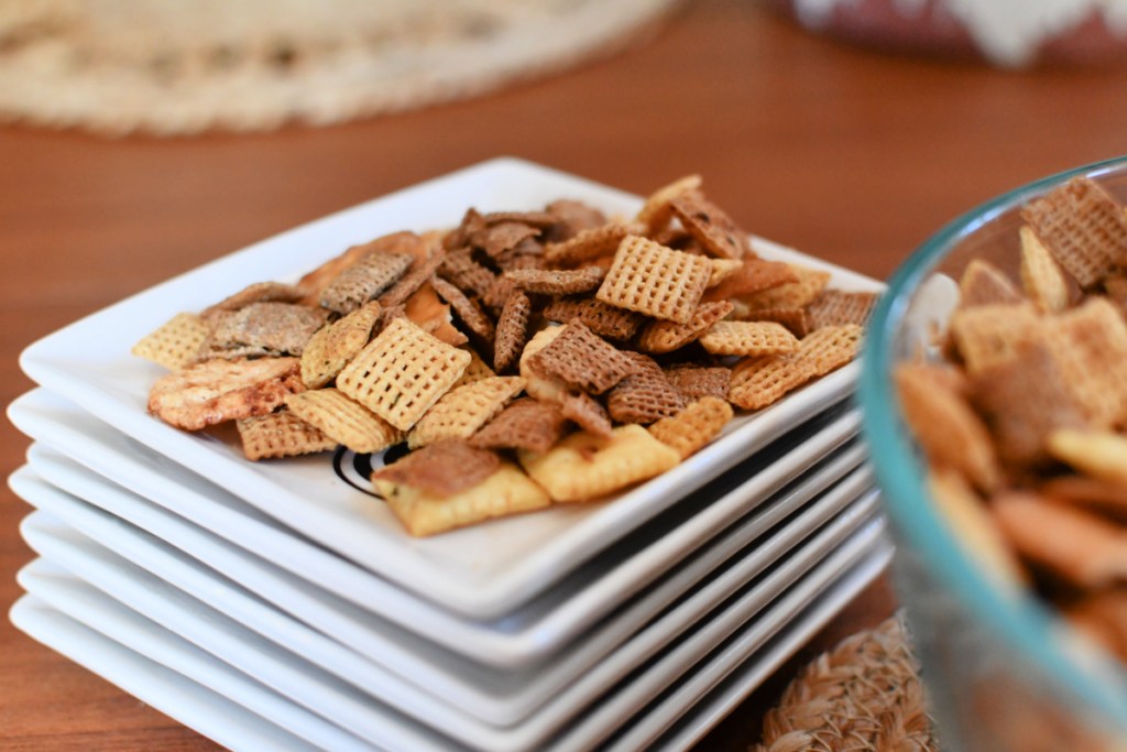 small appetizer plate with ranch chex mix
