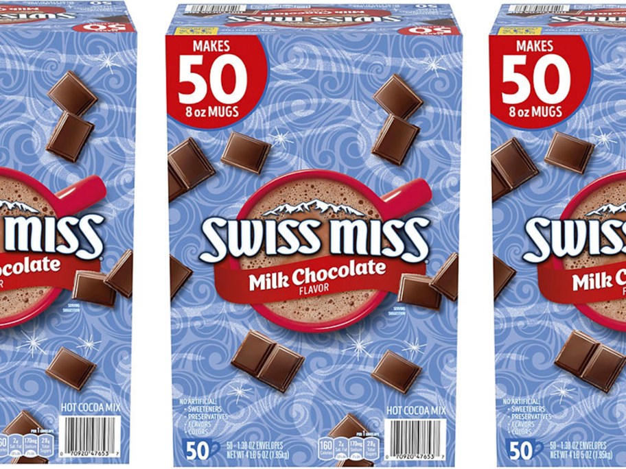 three boxes of 50-count swiss miss hot chooclate