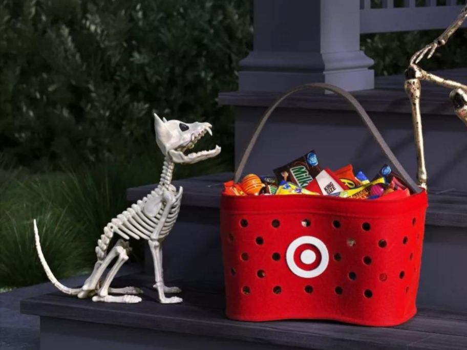 target trick or treating basket filled with candy with skeleton dog next to it