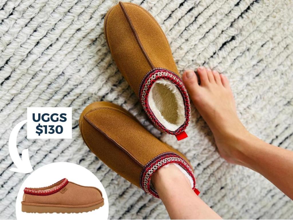 brown clog slippers with feet inside standing on rug with stock photo of uggs in corner