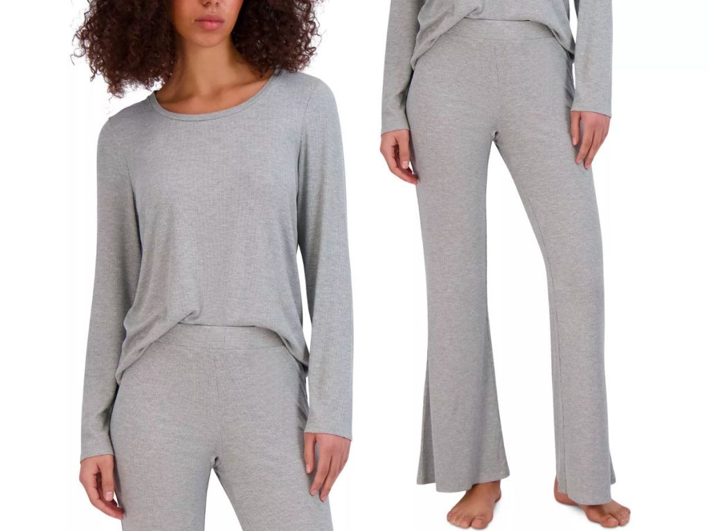 2 models wearing steve Madden Women's Ribbed Long-Sleeve Sleep Tee and pants stock images 