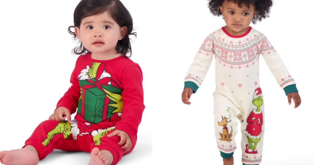side by side stock images of toddlers wearing a grinch coverall