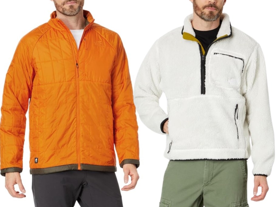 man wearing bright orange jacket and man wearing a sherpa fuzzy white pullover