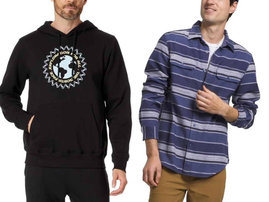 men wearing The North Face clothing- 1 in a hoodie, 1 in a striped button up shirt