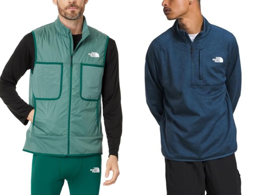 men wearing The North Face clothing including a green vest and blue jacket