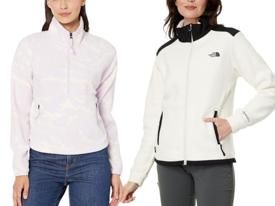 women wearing light lilac and black / white The North Face jackets