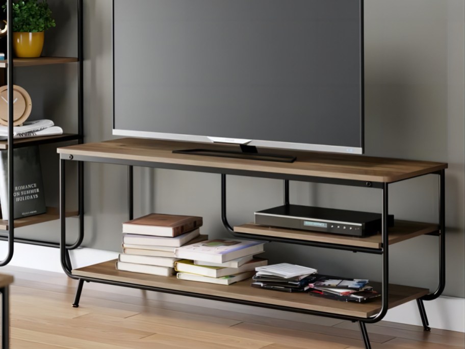 tv stand with books on it