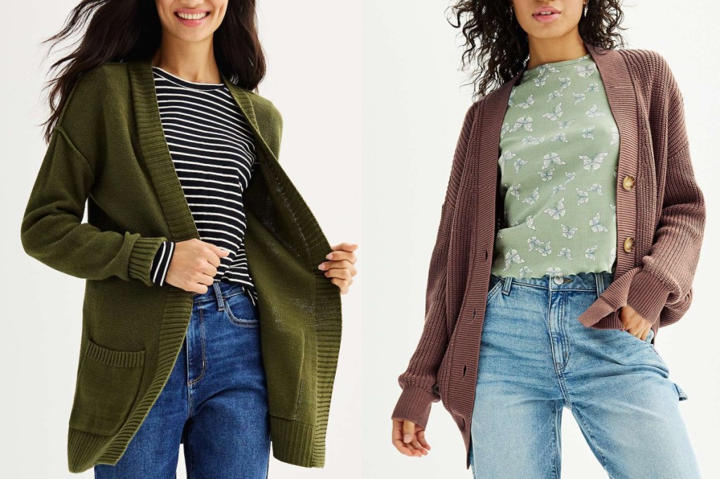 two cardigans one in green and another in brown