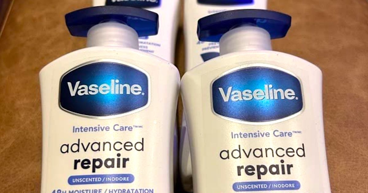 4 bottles of vaseline advanced repair lotion on a counter