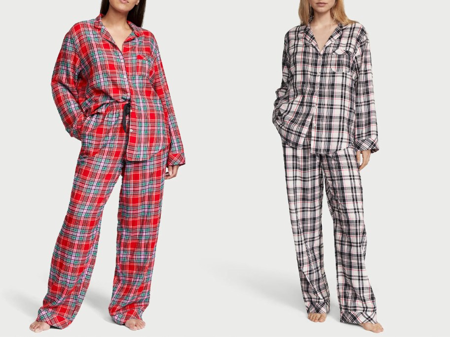 two women wearing red and black and white and black long sleeve flannel pajamas
