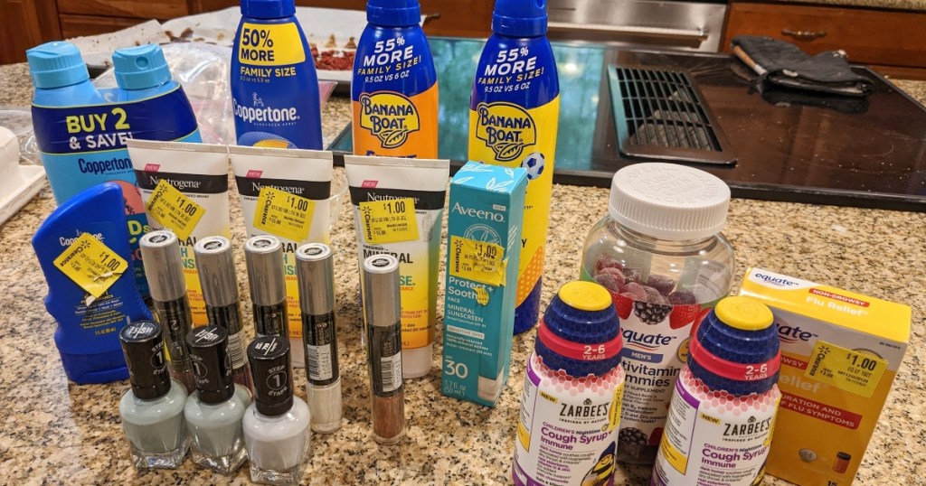health and beauty clearance products on kitchen counter