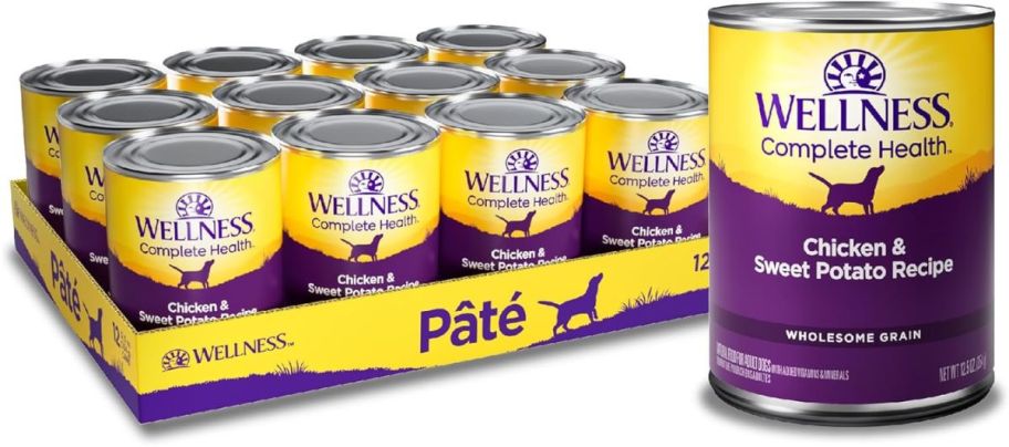 a 12 pack of canned Wellness complete health dog food