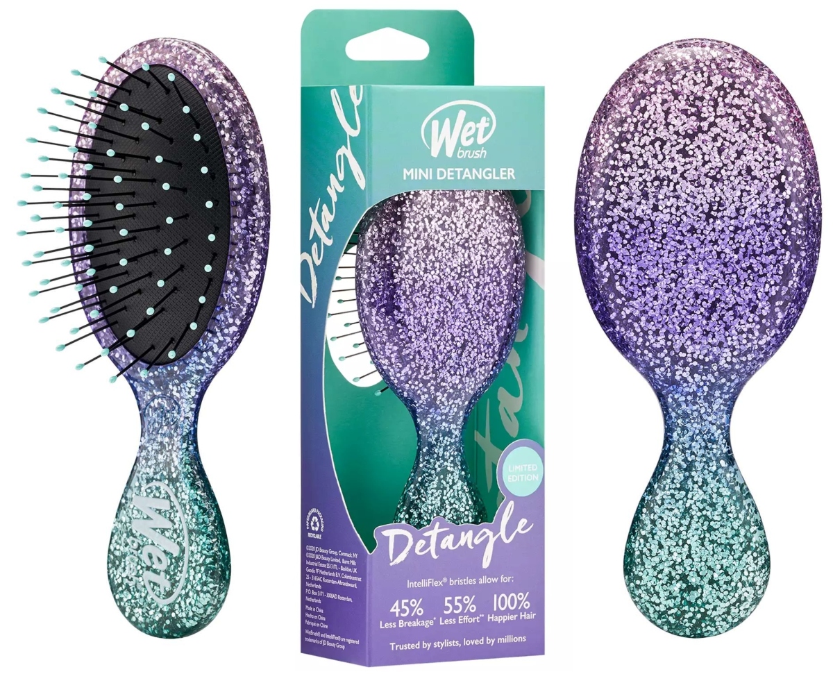 3 different views of a glittery wet brush