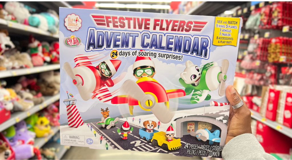 Elf on the shelf festive flyers advent calendar with 24 mini figurines and playmat runway