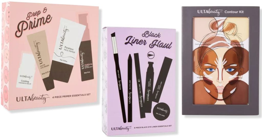 Ulta Beauty Collection Prime and Prep Set, Ultimate Black Liner Set and Contour Set boxes