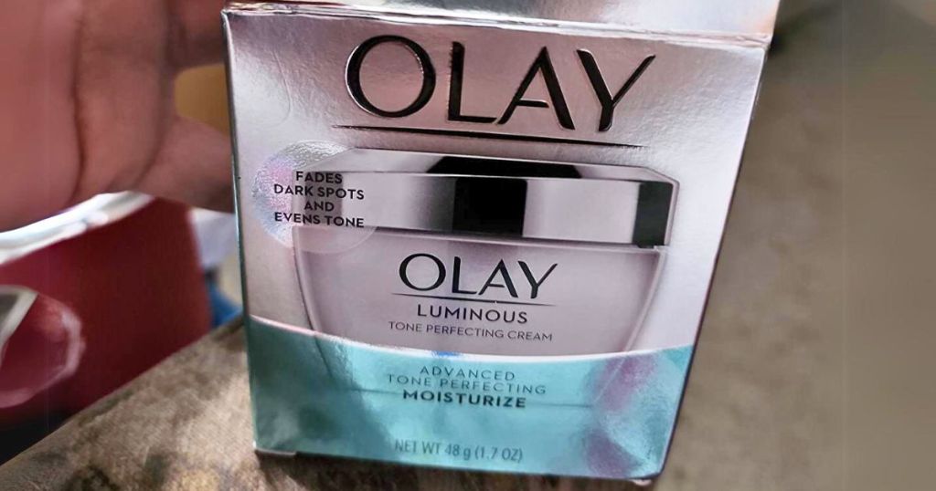 Olay Luminous Tone Perfecting Moisturizer box on counter