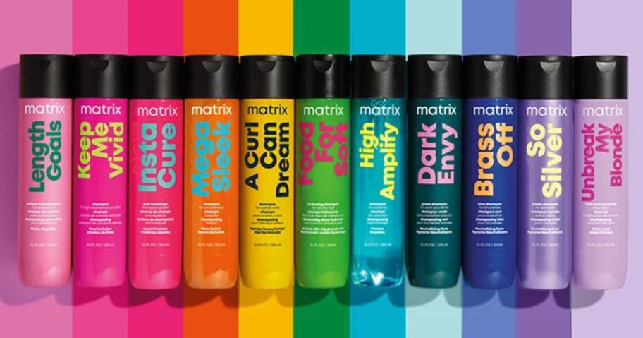 Matrix Shampoo & Conditioners in rainbow order