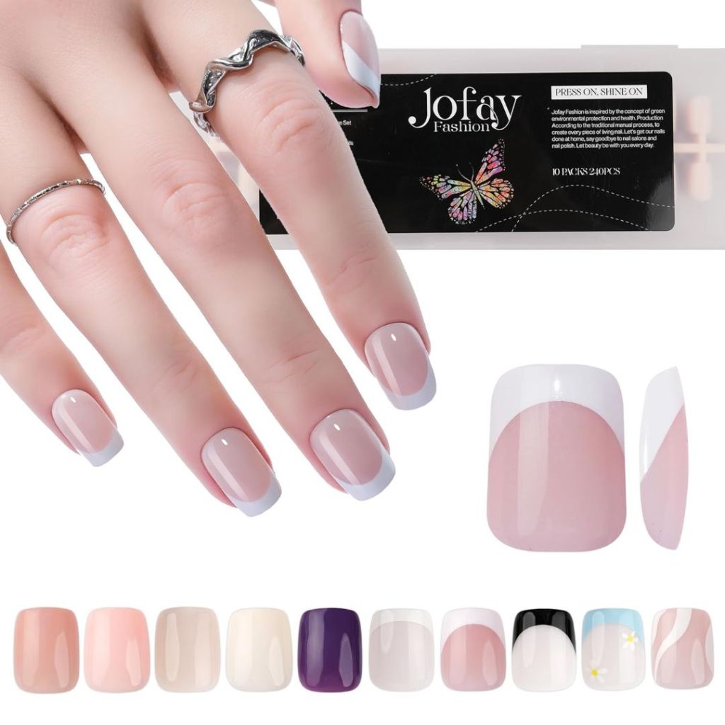 Jofay Short French Tip & Solid Color Press on Nails Square 10 Packs (240 Pcs)