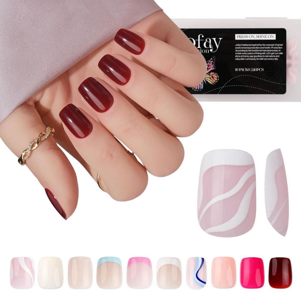 Jofay Short French Tip, Obmre & Designs Press on Nails Square 10 Packs (240 Pcs)