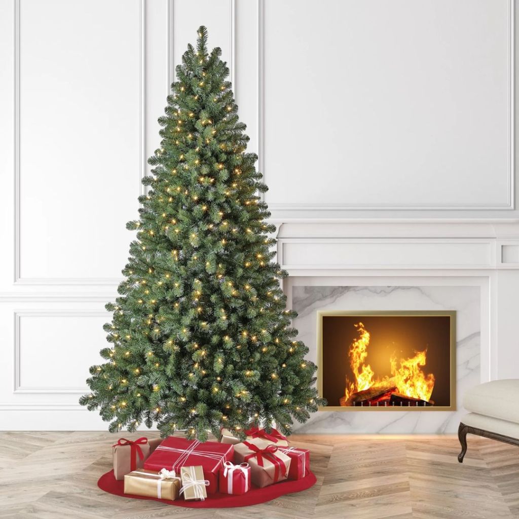 7 foot prelit Christmas tree in living room