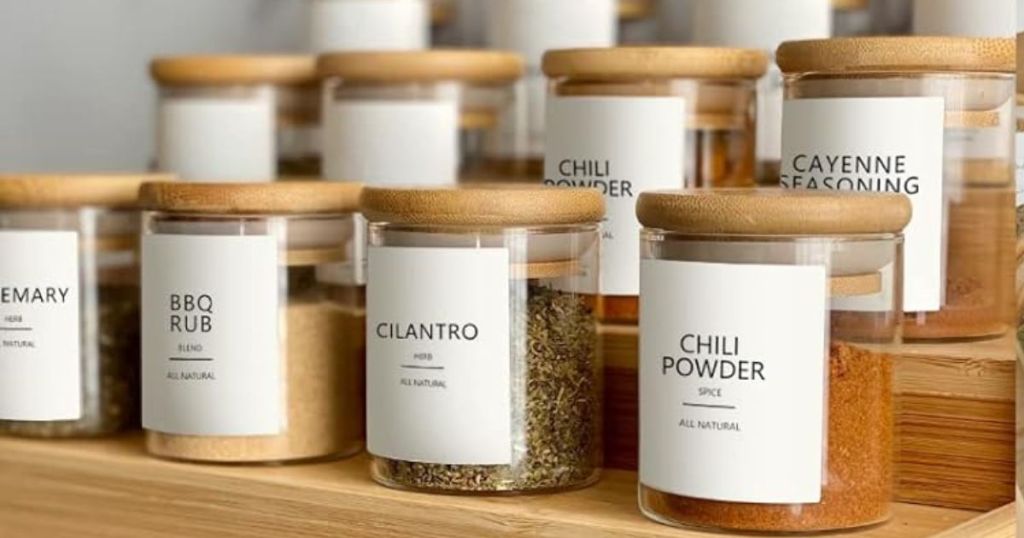 Arfmaget Set of 12 Glass Spice Jars with Bamboo Lids & Labels