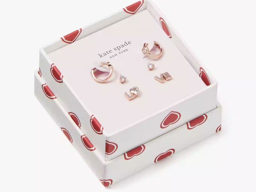 white gift box with red hearts and Kate Spade earrings 