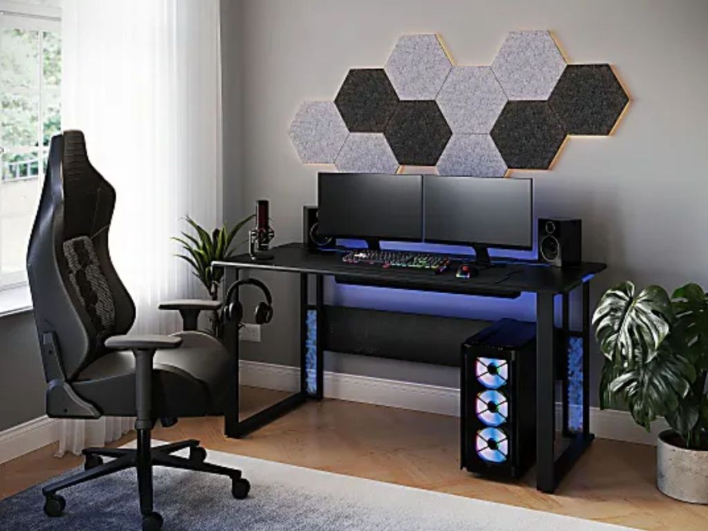 RS Gaming™ Mergence 60"W RGB Gaming Computer Desk With 10 Acoustic Panels, Black 