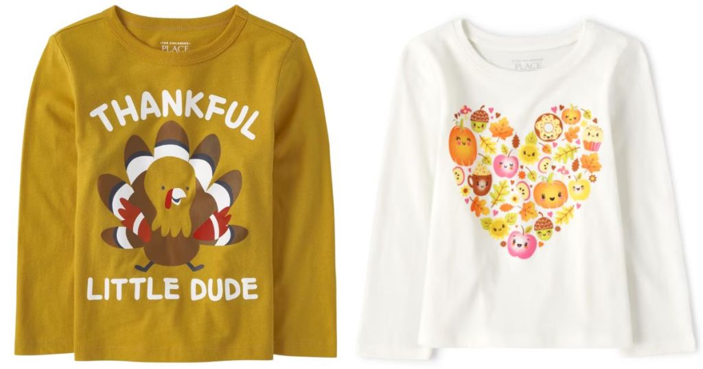 The Children's Place Baby And Toddler Boys Thankful Graphic Tee and Baby And Toddler Girls Thanksgiving Heart Graphic Tee 
