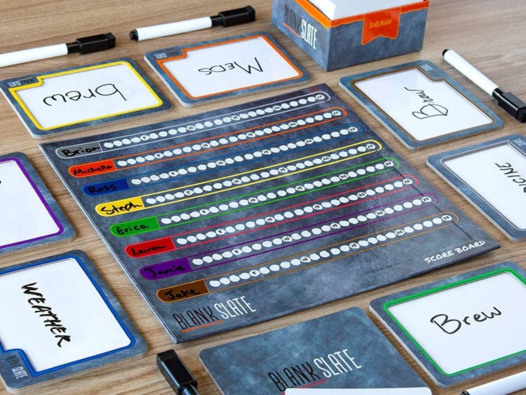 Blank Slate board game spread out on a table with cards and gameboard showing