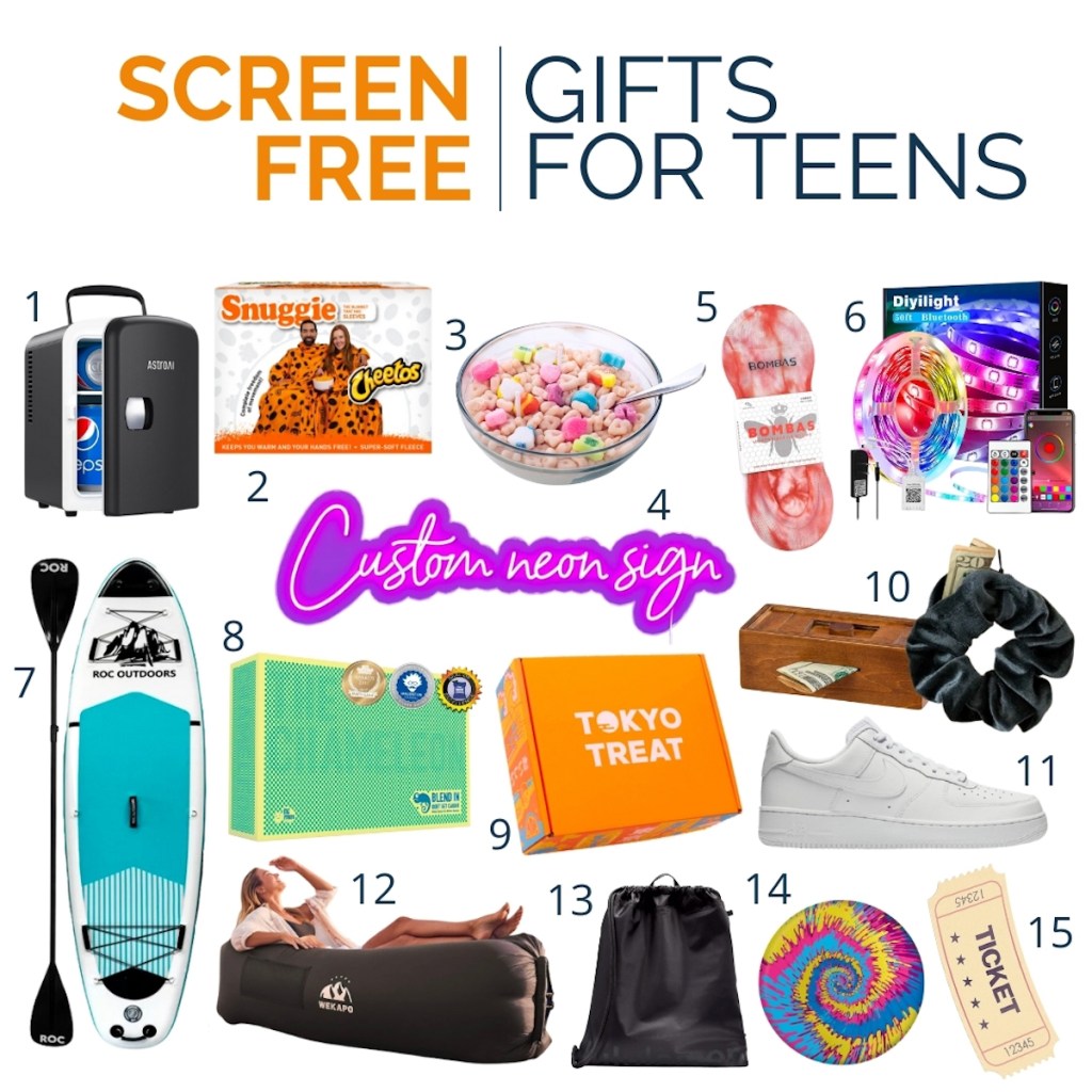 screen free gifts for teens collage with various numbered gifts on white background