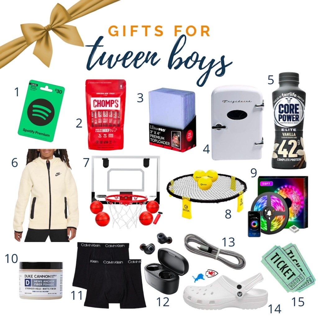 Collage graphic of various gift ideas for tween boys