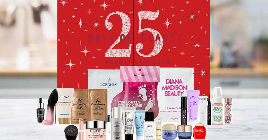 red 25 days of beauty advent calendar box with products sitting on countertop