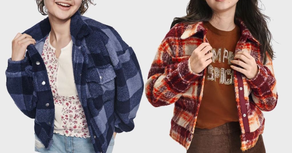 girls wearing Sugar & Jade Tween Girls Plaid Sherpa Oversized Jackets