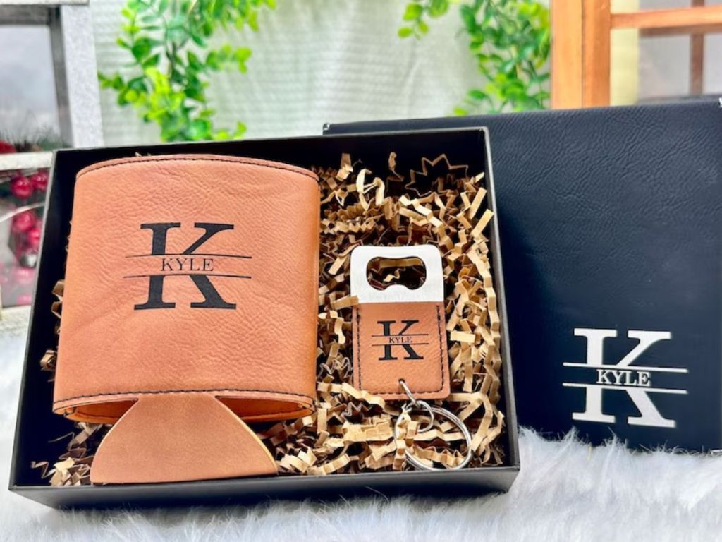 gift box with Personalized Can Cooler with Bottle Opener with letter K and name Kyle