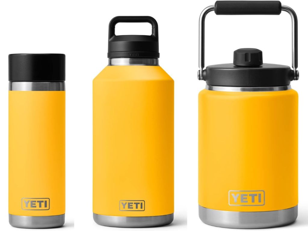 YETI Rambler 18 oz Bottle, YETI Rambler 64 oz Bottle, and YETI Rambler Half Gallon Jug, in Alpine Yellow 