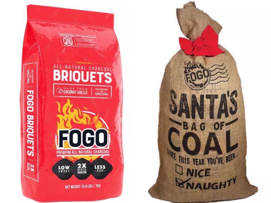 red bag of FOGO All Natural Coconut Charcoal Briquettes next to a burlap bag that says "Santa's Bag of Coal"