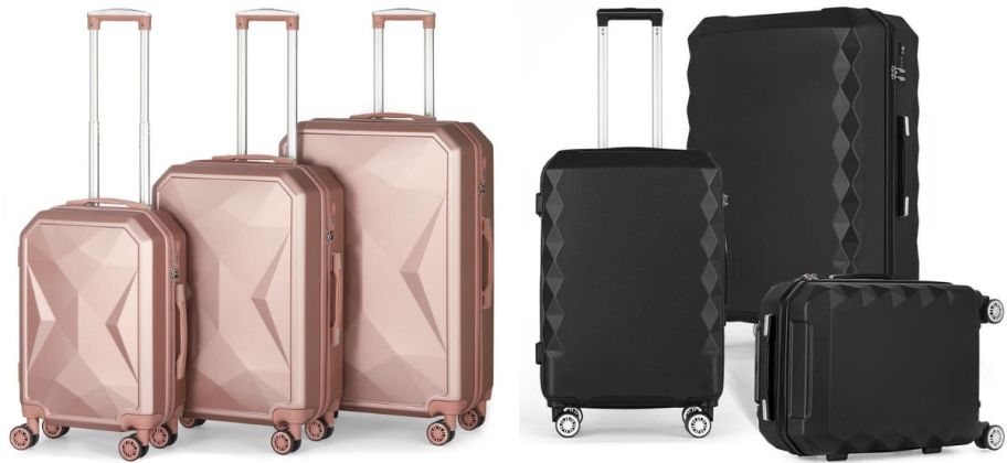 Two 3-piece soft side luggage sets - one in rose gold and one in black