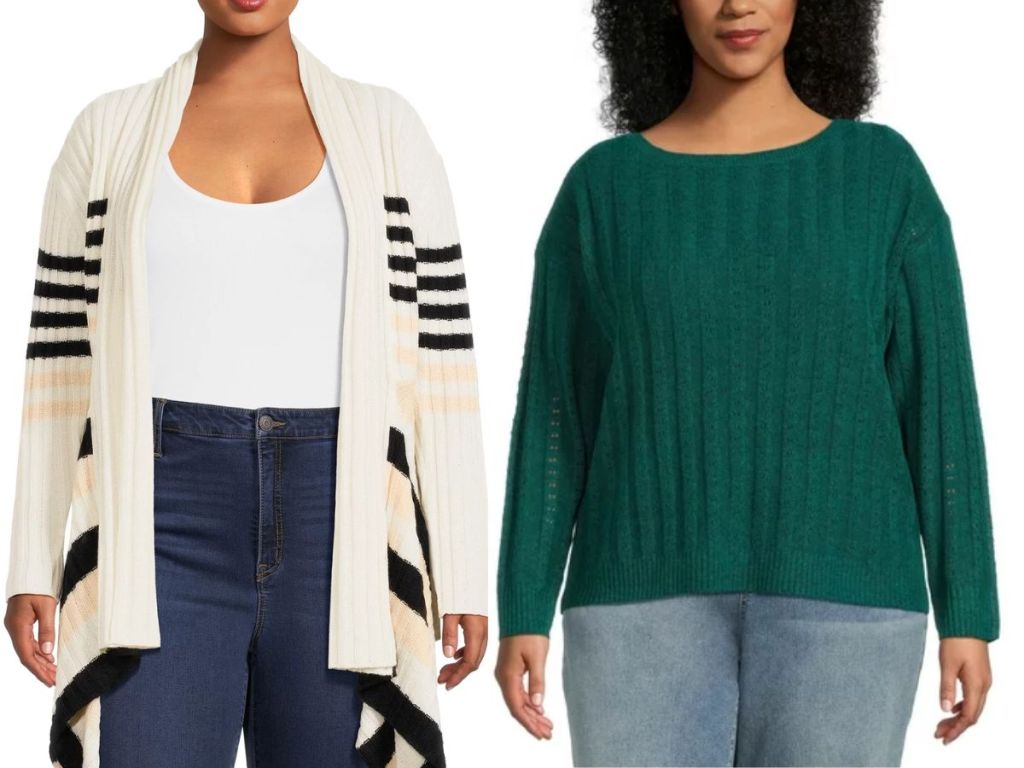 What's Next Women's and Women's Plus Size Ribbed Flyaway Cardigan and Terra & Sky Women's Plus Size Boatneck Sweater