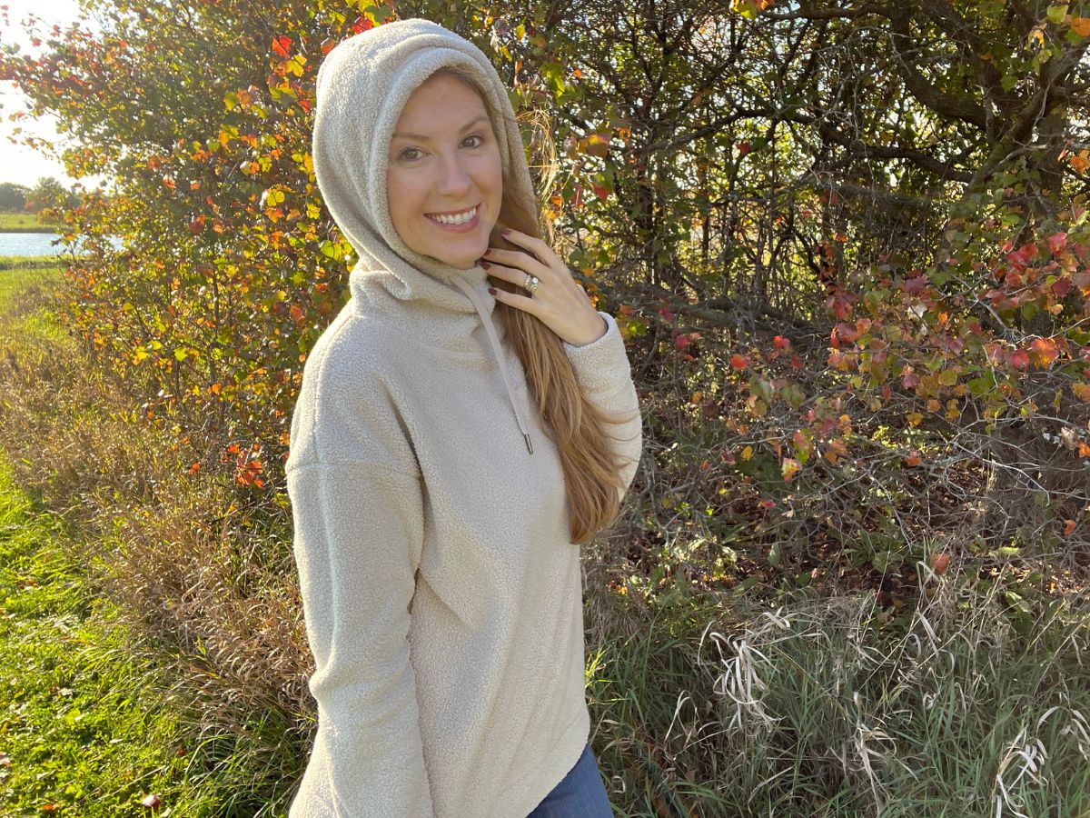 woman wearing a 32 degrees sherpa hoodie