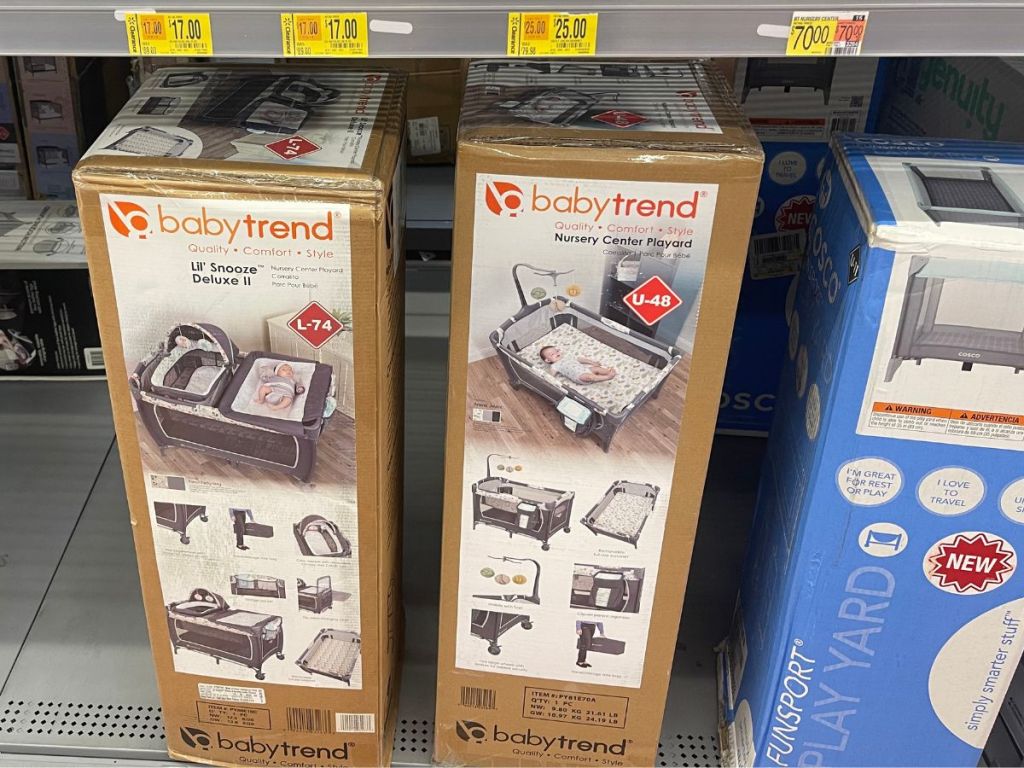 boxes of Baby Trend Play Sets on shelf at Walmart