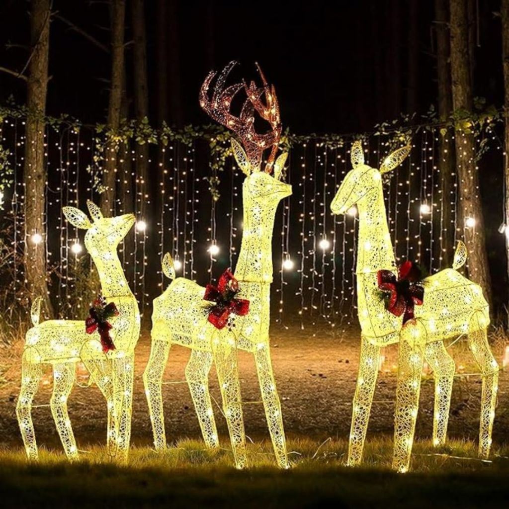 3-Piece Lighted Christmas Reindeer Family Set at night