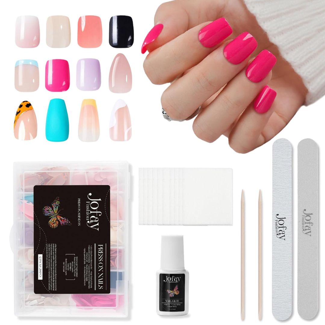 Jofay 12 Packs Gel Press On Nails Kit - Medium/Short Length