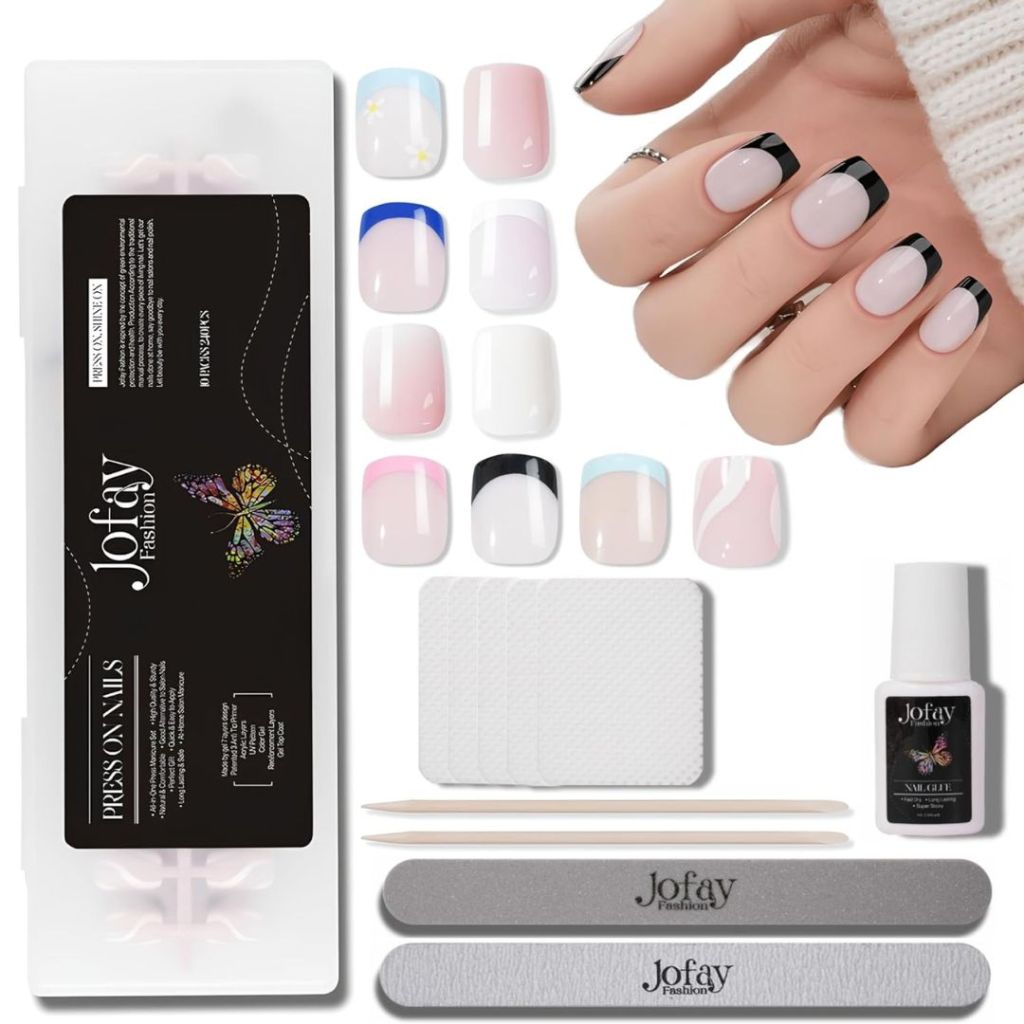 Jofay Fashion French Tip 10 Packs (240PCS) Gel x Short Press On Nails Kit