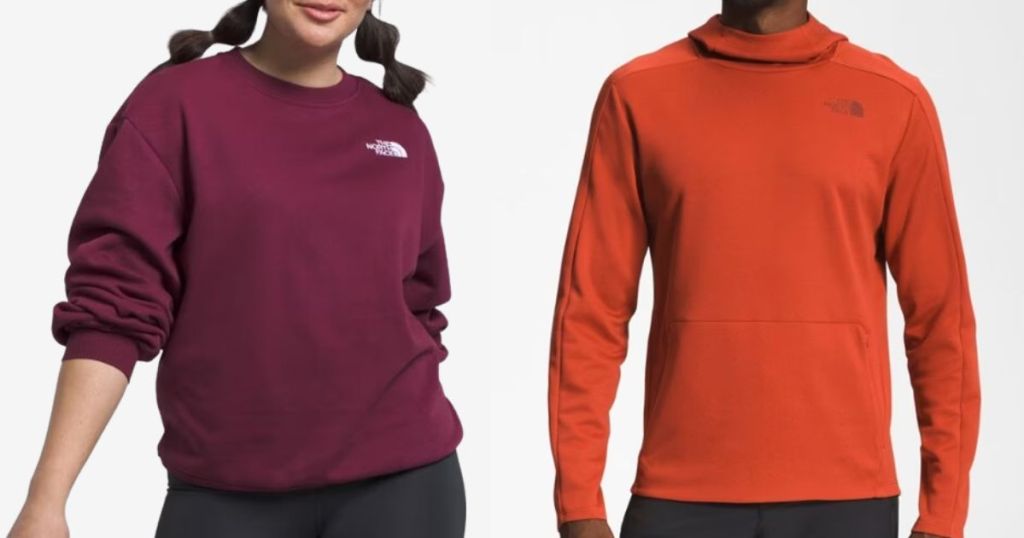 woman wearing a purple color The North Face sweatshirt and man wearing an orange The North Face hoodie