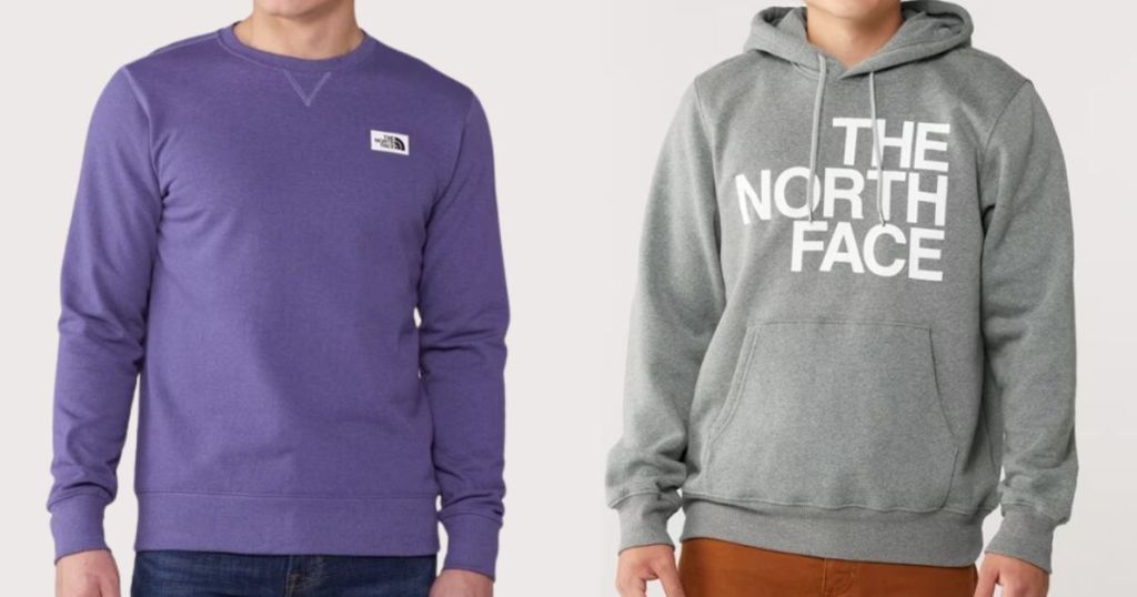 man wearing a blueish purple The North Face Sweatshirt and man wearing a grey The North Face hoodie