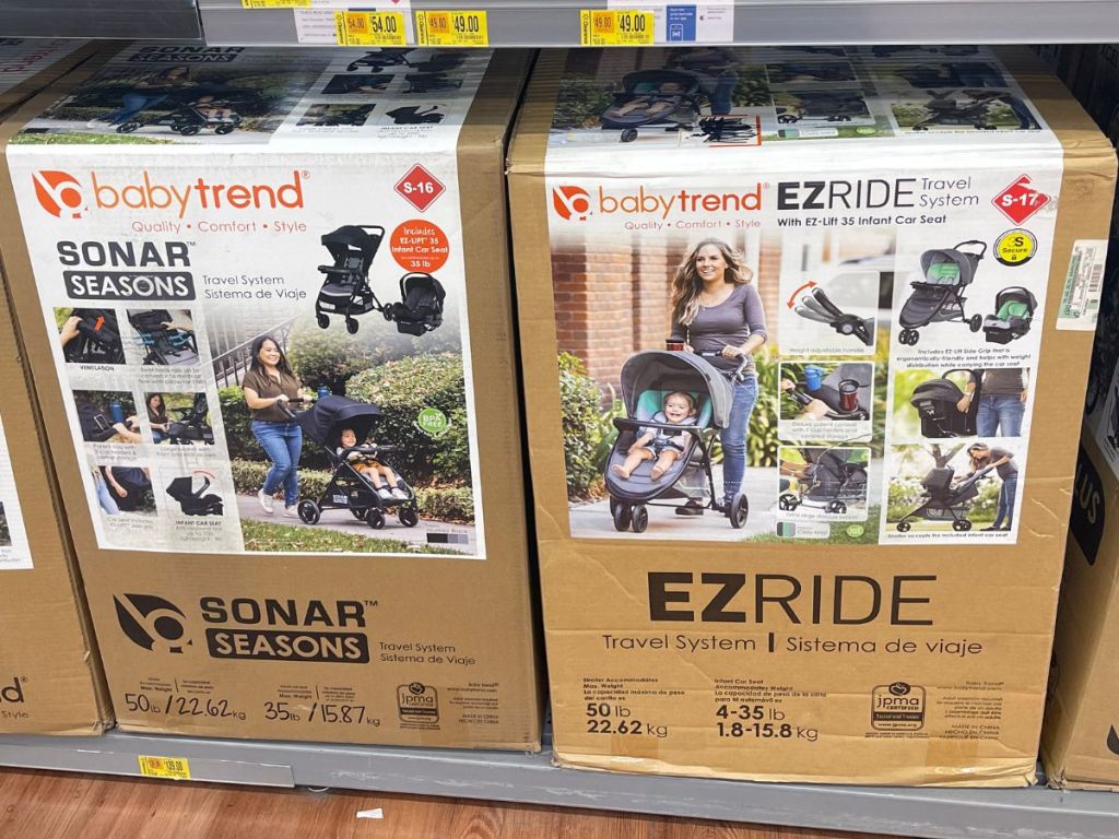 Baby Trend Strollers in boxes on display