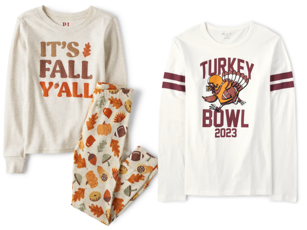 The Children's Place Unisex Kids Matching Family It's Fall Y'all Snug Fit Cotton Pajamas - H/T Vanilla and Unisex Adult Matching Family Turkey Bowl Graphic Tee 